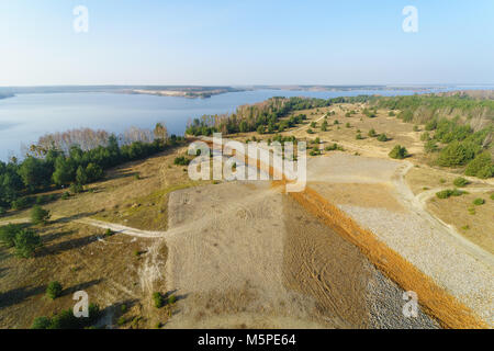 Bird's eye view on Sedlitzer See and dry Sornoer Canal. The surroundings of Senftenberg. Germany. Federal state of Brandenburg. Stock Photo