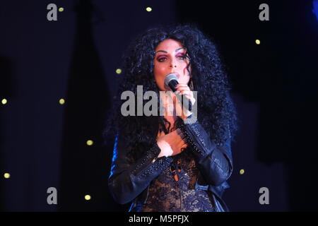 Tania alboni performing her Cher tribute act during The Ultimate Tribute Show at Swillington Miners Welfare Club in Leeds Stock Photo