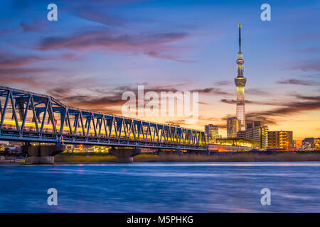 Tokyo, Japan skyline and bridge on the Arakawa River. Stock Photo