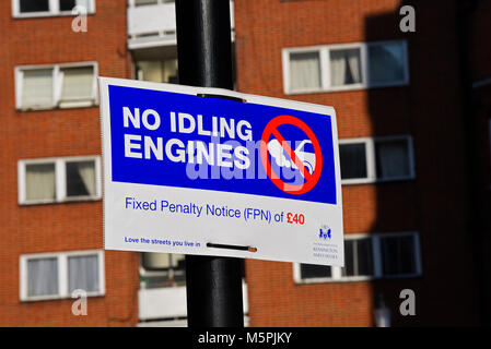 No idling engines sign. Taxi rank with fixed penalty notice. London, UK. Warning, designed to reduce car pollution