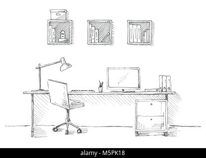 Sketch the room. Office chair, desk, various objects on the table. Sketch workspace. Stock Photo