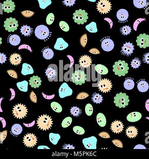 Cartoon Microbes Seamless Pattern. Pandemic Backteria. Dangerous Viruses. Germs Mickroorganism. Bacterium Monsters Stock Vector