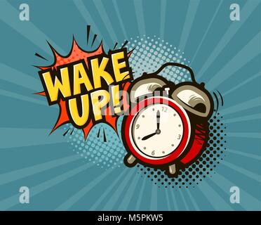 Wake up banner. Alarm clock in pop art retro comic style. Cartoon vector illustration Stock Vector