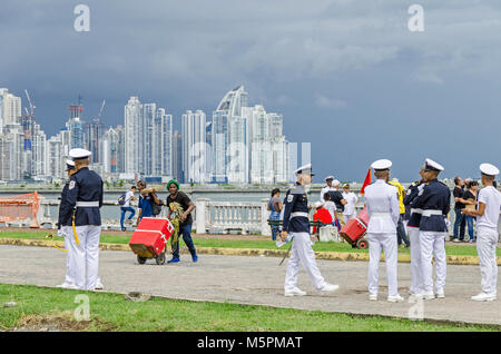 Panama City, Panama - November 3, 2017: Students celebrating the Independence Day preparing for the parade at Cinta Costera with the city Skyline. Stock Photo