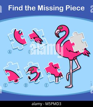Find The Missing Piece educational puzzle for little kids with a colorful pink cartoon flamingo and five choices of pieces to complete the picture sui Stock Vector