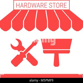 Hardware Store Single Flat Icon. Striped Awning and Signboard Stock Vector