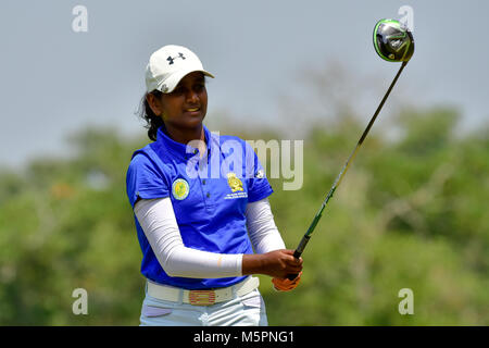 Danau, UKM Bangi - FEBRUARY 11: Sunitha Sreenivasan watches her tee shot on the 2nd hole during Final Round of the Danau Junior Championship at DJC Stock Photo