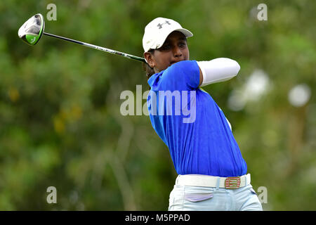 Danau, UKM Bangi - FEBRUARY 11: Sunitha Sreenivasan, watches her tee shot on the 17th hole during Final Round of the Danau Junior Championship at Dana Stock Photo