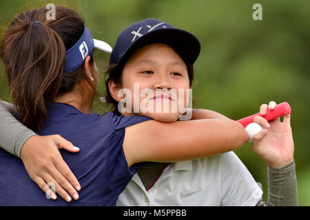 Danau, UKM Bangi - FEBRUARY 11: Ashley Chin Yen Ling and Audrey Tan celebrates after completing Final Round of the Danau Junior Championship at Danau  Stock Photo