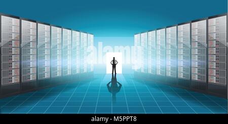 Vector Realistic Server room illustration, man silhouette in the door with light and shadow effect. Stock Vector