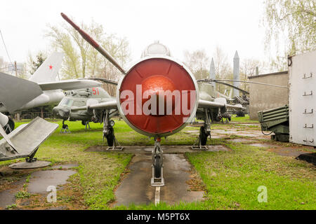 Vintage Soviet Russian grey jet fighter parked outdoor Stock Photo