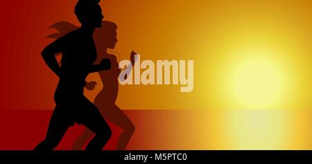 Runners silhouettes of running man and woman on sunset background, sport and activity, vector design template Stock Vector