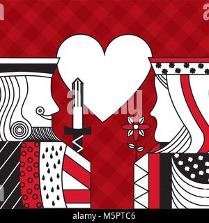 casino poker queen and king heart card game red checkered background Stock Vector