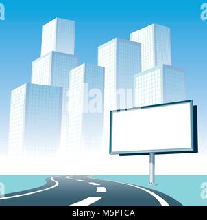 Blank billboard at the road, cityscape silhouette in the background. Stock Vector
