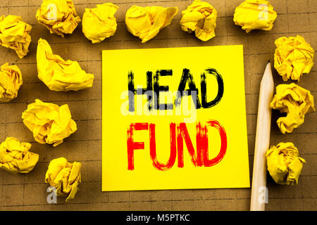 Head Fund. Business concept for Investment Funding Money  written on sticky note paper on vintage background. Folded yellow papers on the background Stock Photo