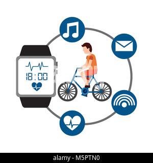 cartoon man riding bike sport activity wearable technology health Stock Vector