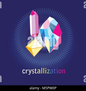 Vector illustration of differently colored crystals on a dark blue background Stock Vector