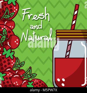 glassware jar juice cherry strawberry fruits fresh and natural Stock Vector