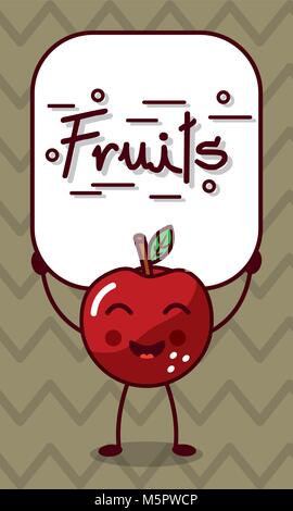 happy apple kawaii cartoon with fruits sign Stock Vector