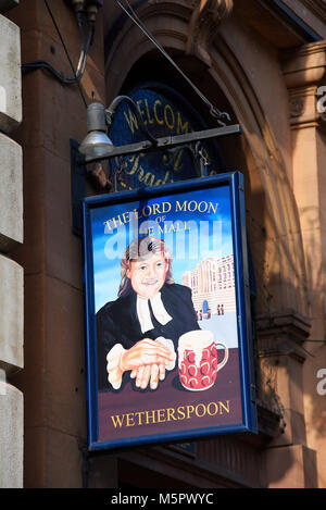 The Lord Moon of The Mall Wetherspoon pub sign in Whitehall, London, UK. Popular with pro Brexit and Tommy Robinson supporters. Tim Martin image Stock Photo