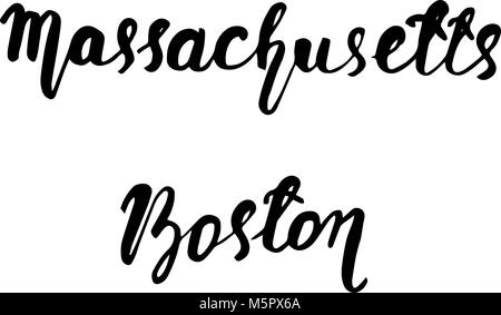 State USA Massachusetts and capital Boston hand lettering element isolated on white background. Calligraphic element for your design. Stock Vector