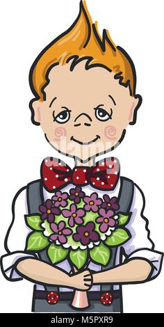 color hand paint draw of a little smile boy with batterfly who wants to give a bouquet flowers to his teacher at school, to mam, to girl, 1st september Stock Vector