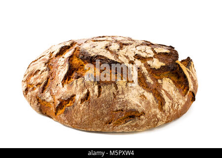 Single loaf of rustic bread isolated on white background, front view, closeup. Stock Photo