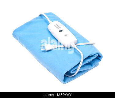 Blue electric heating pad isolated on white background Stock Photo