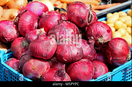 Bunch of red onions arranged for sale on market Stock Photo