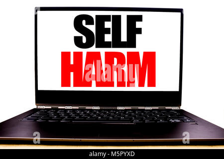 Handwritten text showing Self Harm. Business concept writing for Selfharm Mental Aggression Written on monitor front screen, white background with spa Stock Photo