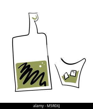 Linear stylized whiskey bottle and glass. Stock Vector