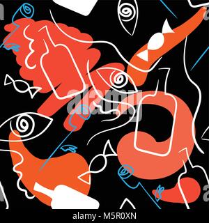Linear seamless pattern in surrealism style on a vlack background. Stock Vector
