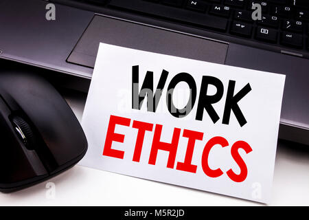 Conceptual hand writing text caption inspiration showing Work Ethics. Business concept for Moral Benefit Principles written on sticky note paper on bl Stock Photo