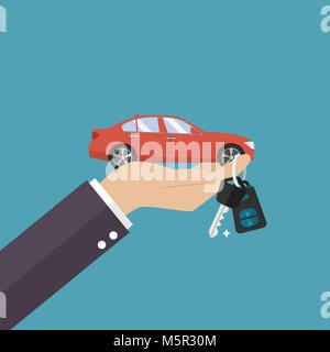 Hand holding car in palm and key on finger. Vector illustration Stock Vector