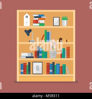 Wooden shelves with books and object decoration. Vector Illustration Stock Vector