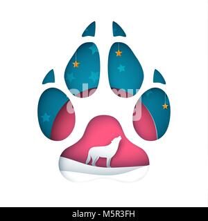 Cartoon paper landscape. Wolf illustration. Stock Vector