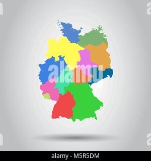 Germany map with federal states icon. Flat vector illustration. Germany sign symbol with shadow on white background. Stock Vector