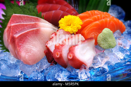 Japanese Mix sushi on ice and get four kind Hamachi Salmon Tako and Maguro Stock Photo