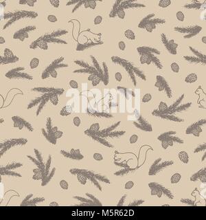 Vector seamless pattern with forest elements contours: squirrels, pine branches and cones on  the beige background. Cute christmas ornament. Stock Vector