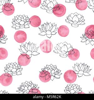 Colorful hand drawn vector lilies contours with pink watercolor circles seamless pattern on white background. Vintage floral design. Stock Vector