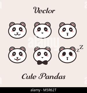 Vector cute pandas with different emotions set. Angry, happy, sleeping, surprised and showing the tongue. Stock Vector