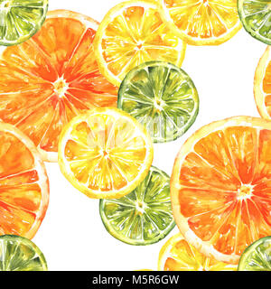 A seamless background pattern with vibrant hand drawn watercolour lemons, oranges, and limes, citrus repeat print Stock Photo