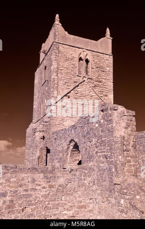Infrared picture of the remains of St Michaels Church on the top of Burrow Mump at Burrowbridge on the Somerset levels, Somerset, England, UK Stock Photo
