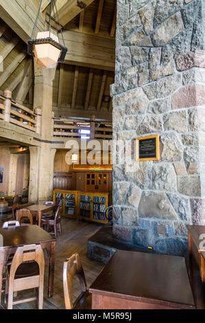 Interior view of Timberline Lodge on Mt Hood.  The lodge was constructed in 1936 to 1938 by the Works Progress Administration Stock Photo