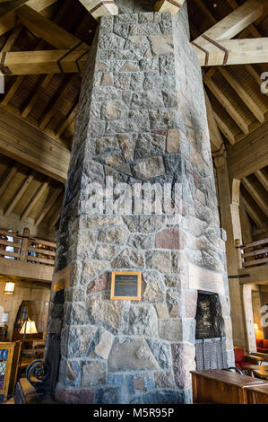 Interior view of Timberline Lodge on Mt Hood.  The lodge was constructed in 1936 to 1938 by the Works Progress Administration Stock Photo