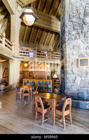 Interior view of Timberline Lodge on Mt Hood.  The lodge was constructed in 1936 to 1938 by the Works Progress Administration Stock Photo