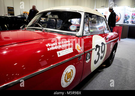 1965 MGB Le Mans second in class, Paddy Hopkirk/Andrew Hedges. Reg DRX 255C.Showing at the Excel, The London classic car show 2018. London, Britain Stock Photo