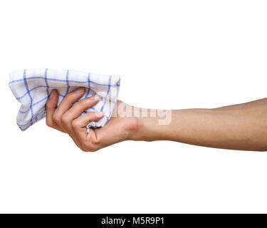Man hand holding handkerchief or Table wipes isolated on white background with clipping path. Stock Photo
