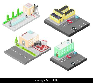 Set of different  isometric buildings. Isometric building with solar panel. Road, green bushes in front of house. Vector illustration isometric style. Stock Vector
