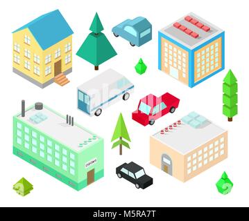 Set of different  isometric buildings. Car, green bushes, tree. Vector illustration isometric style. Stock Vector